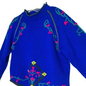 vintage wool sweater cropped blue Nordic Scandinavian floral medium M women 80s